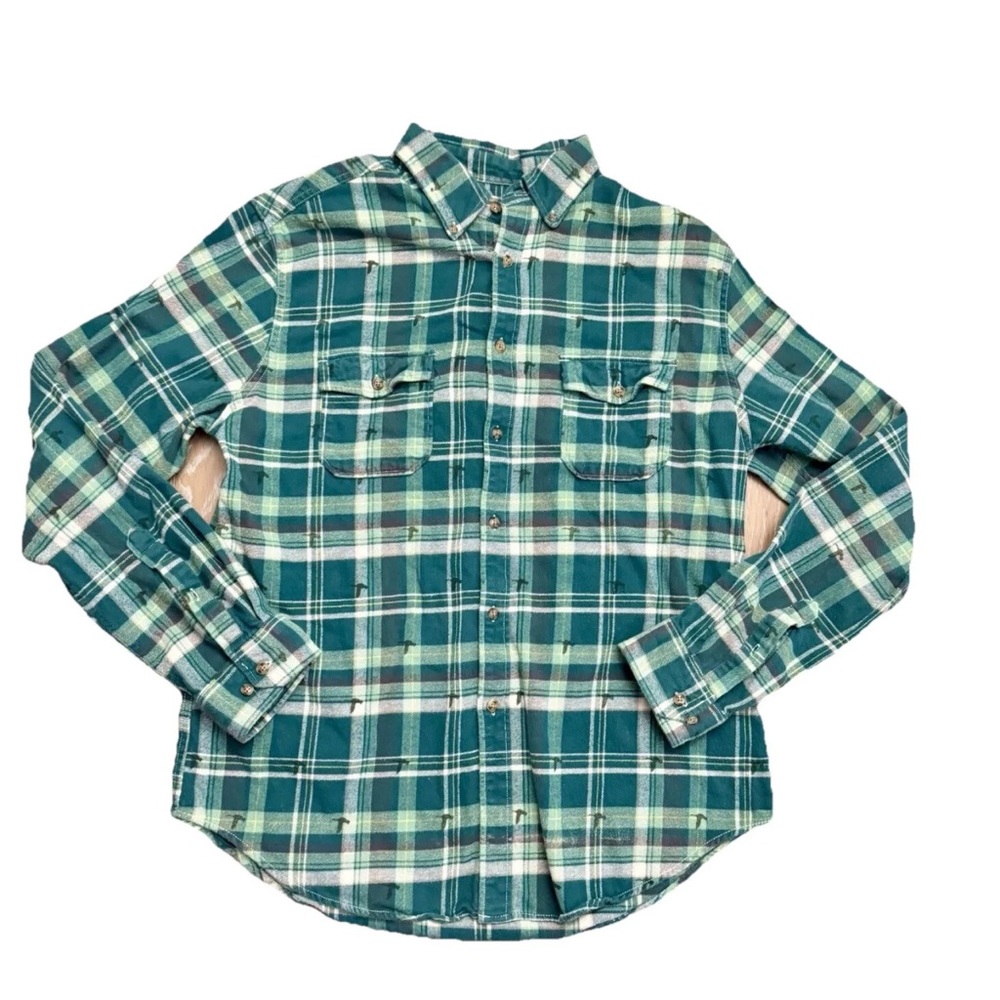 Merona Men’s green flannel shirt flying ducks pattern all cotton EUC, size Large